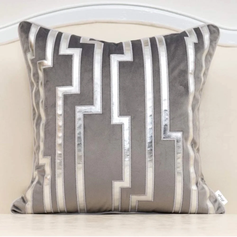 Luxury Home | Elegant Grey Soft Velvet Faux Leather Applique Throw Pillow Cover